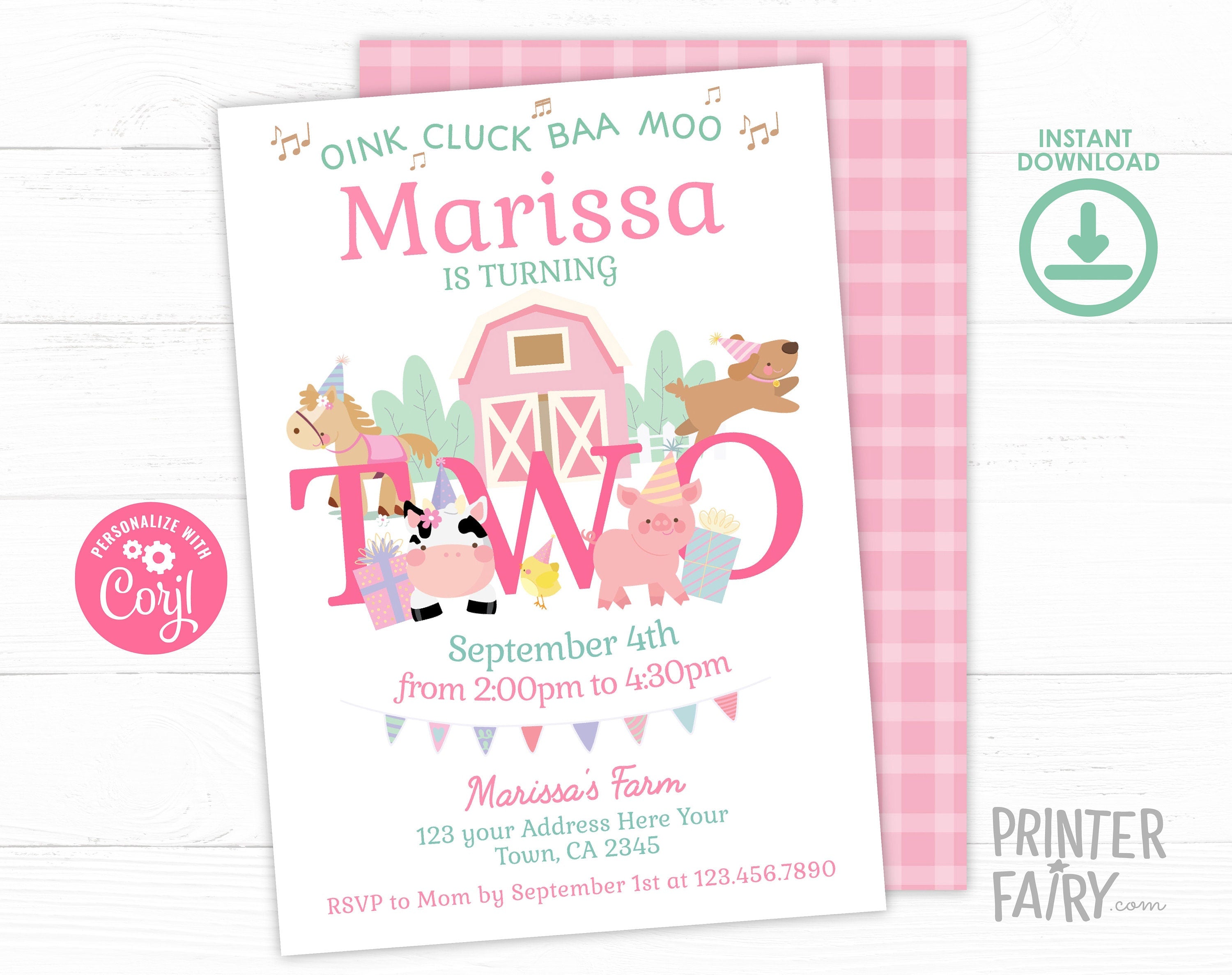 Farm Animals Second Birthday Invitation, Pink Barnyard, Editable Template (Digital Download)