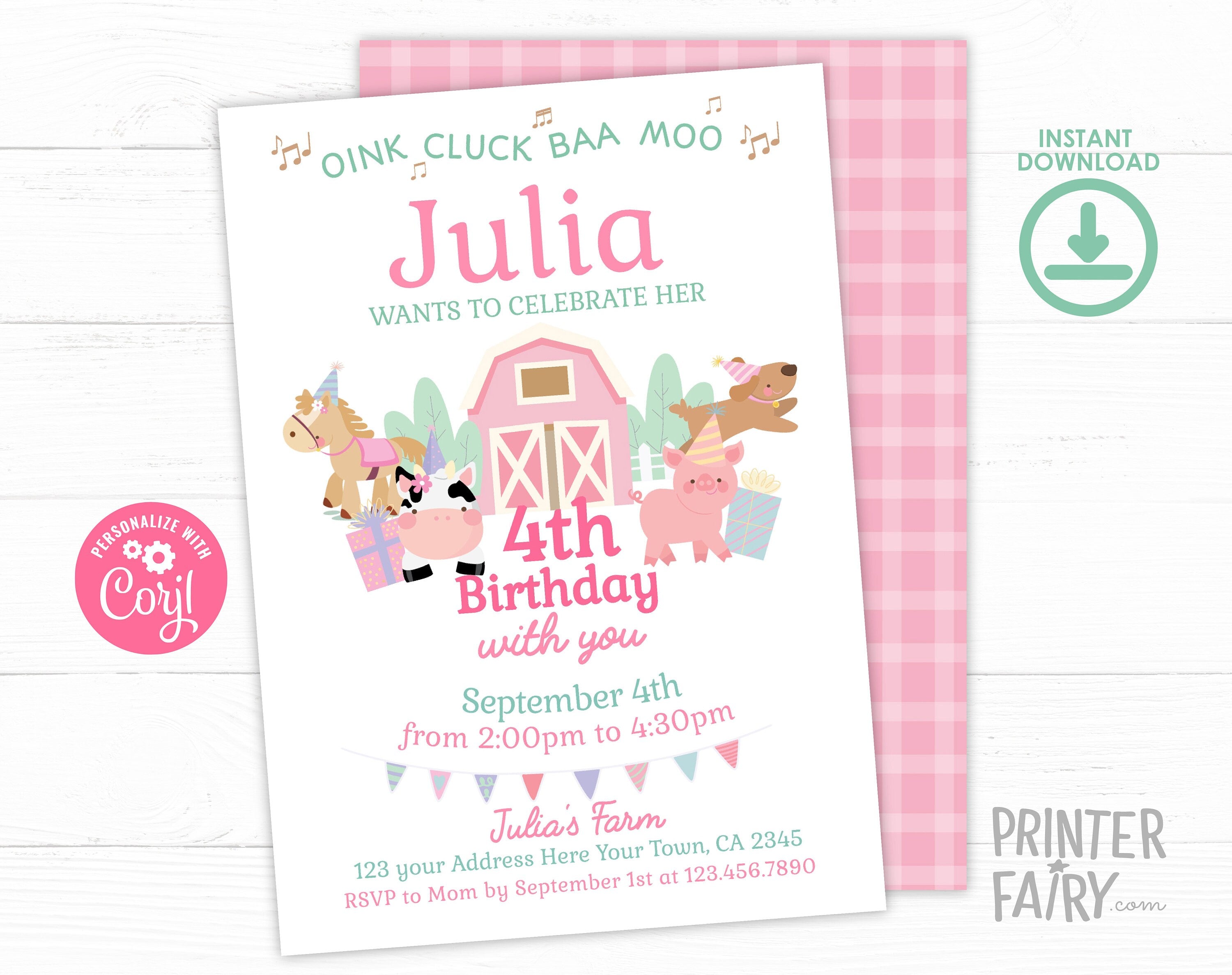 Farm Animals Birthday Invitation, Pink Barnyard Party (Editable Template, Digital Download)