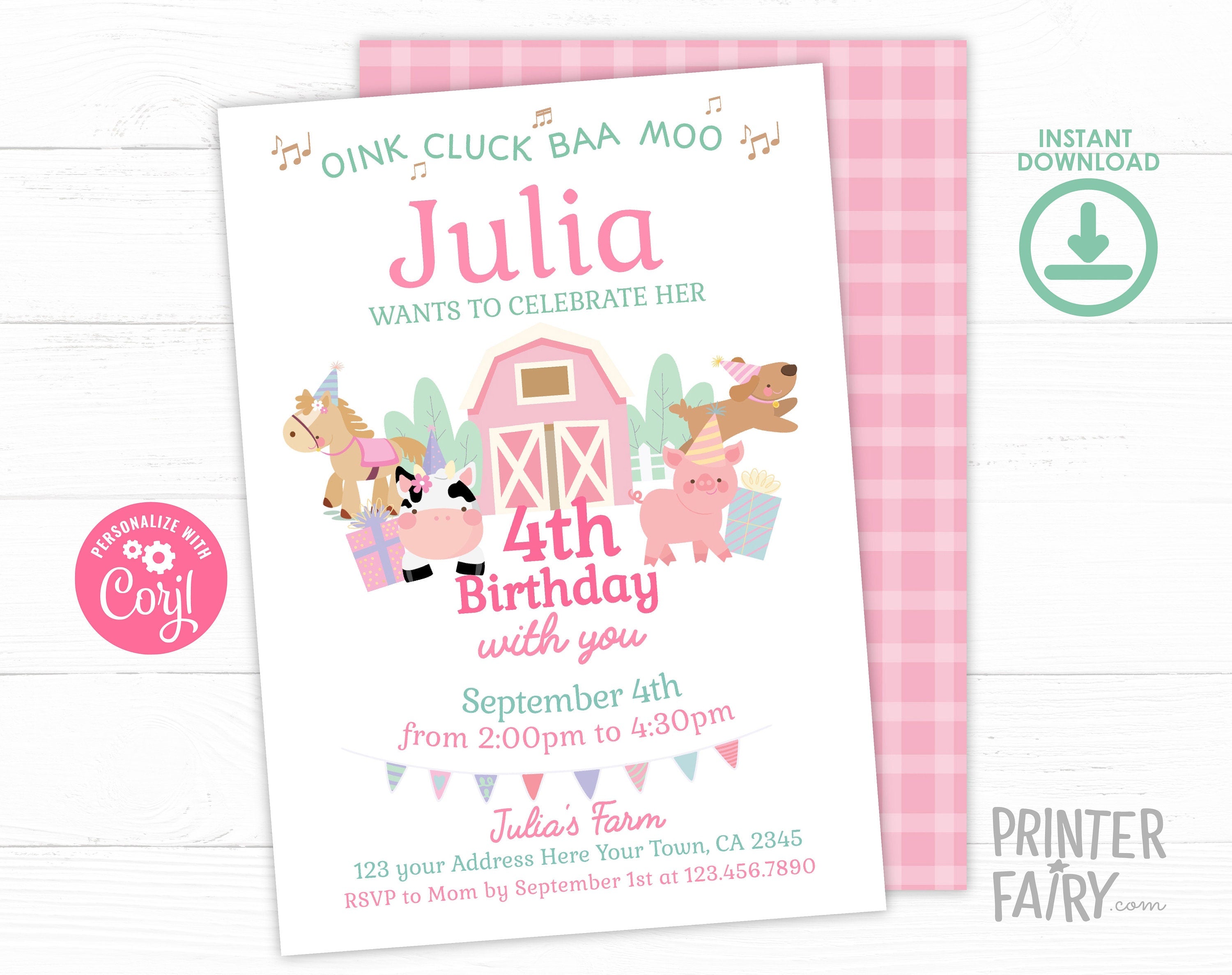 Farm Animals Birthday Invitation, Pink Barnyard Party (Editable Template, Digital Download)