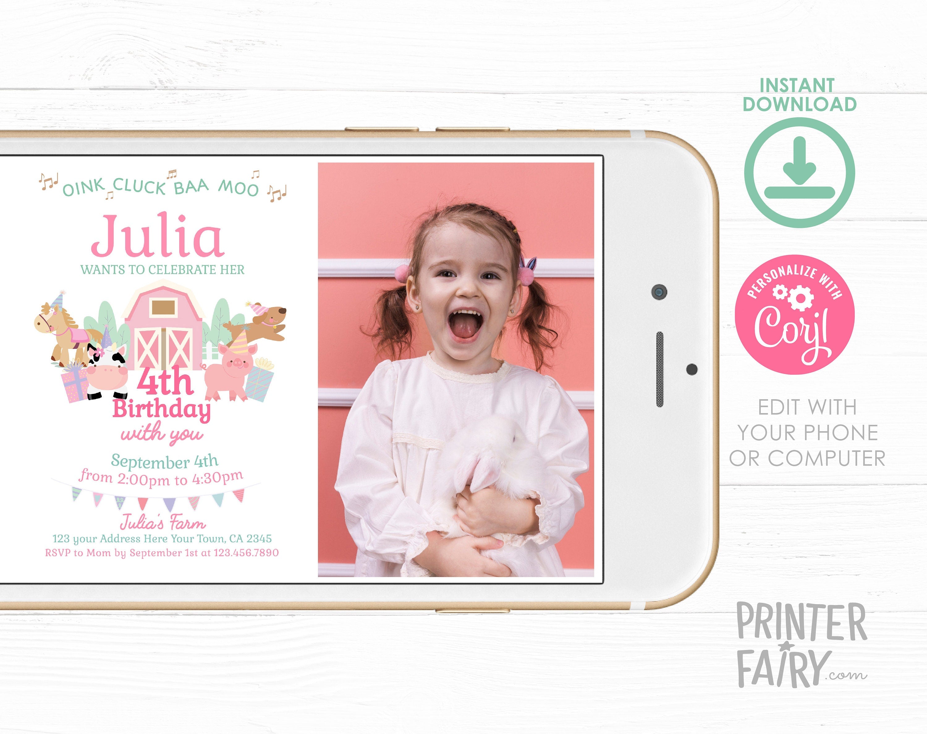 Farm Birthday Invitation with Photo, Pink Barnyard Animals (Editable, Instant Download)