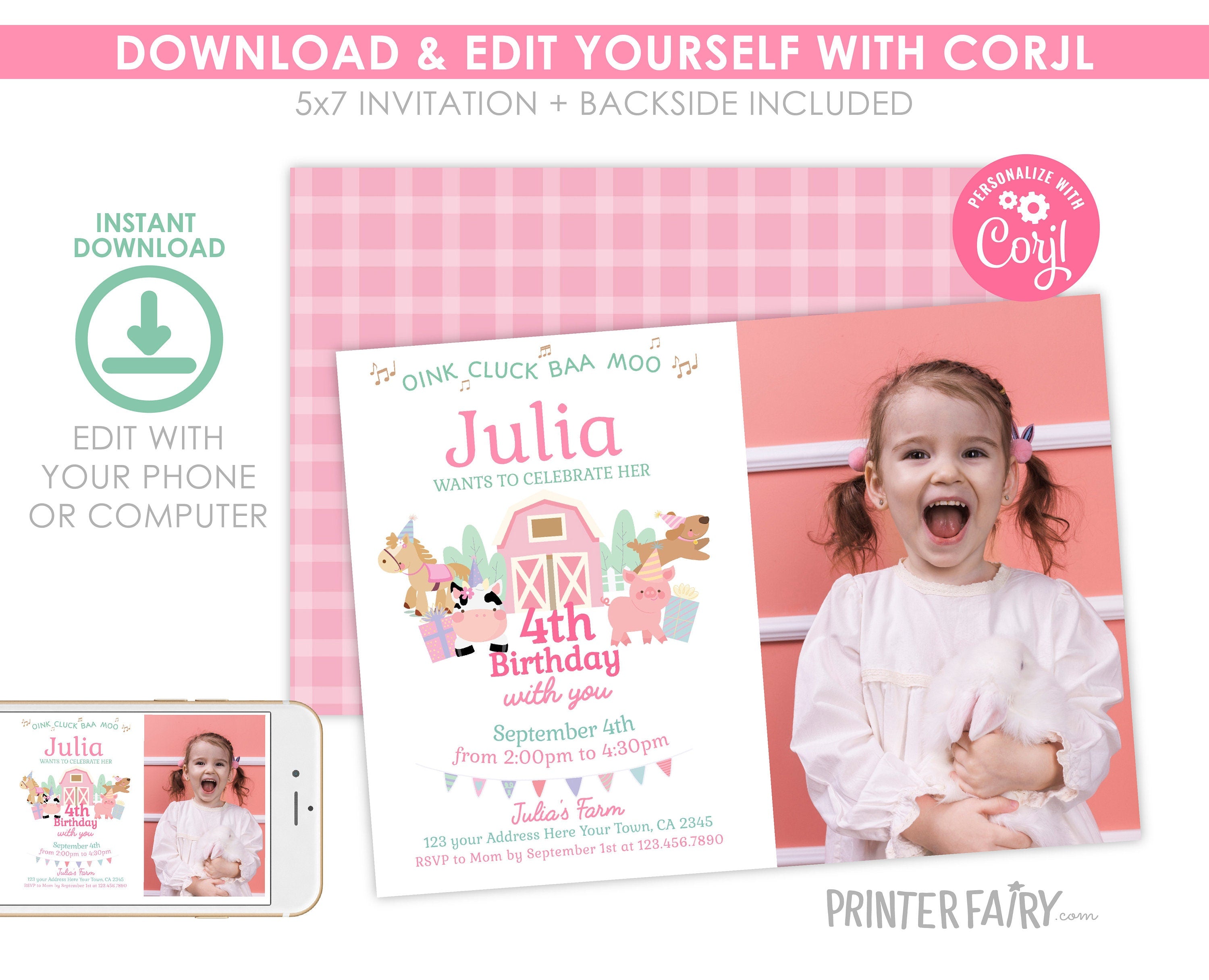 Farm Birthday Invitation with Photo, Pink Barnyard Animals (Editable, Instant Download)