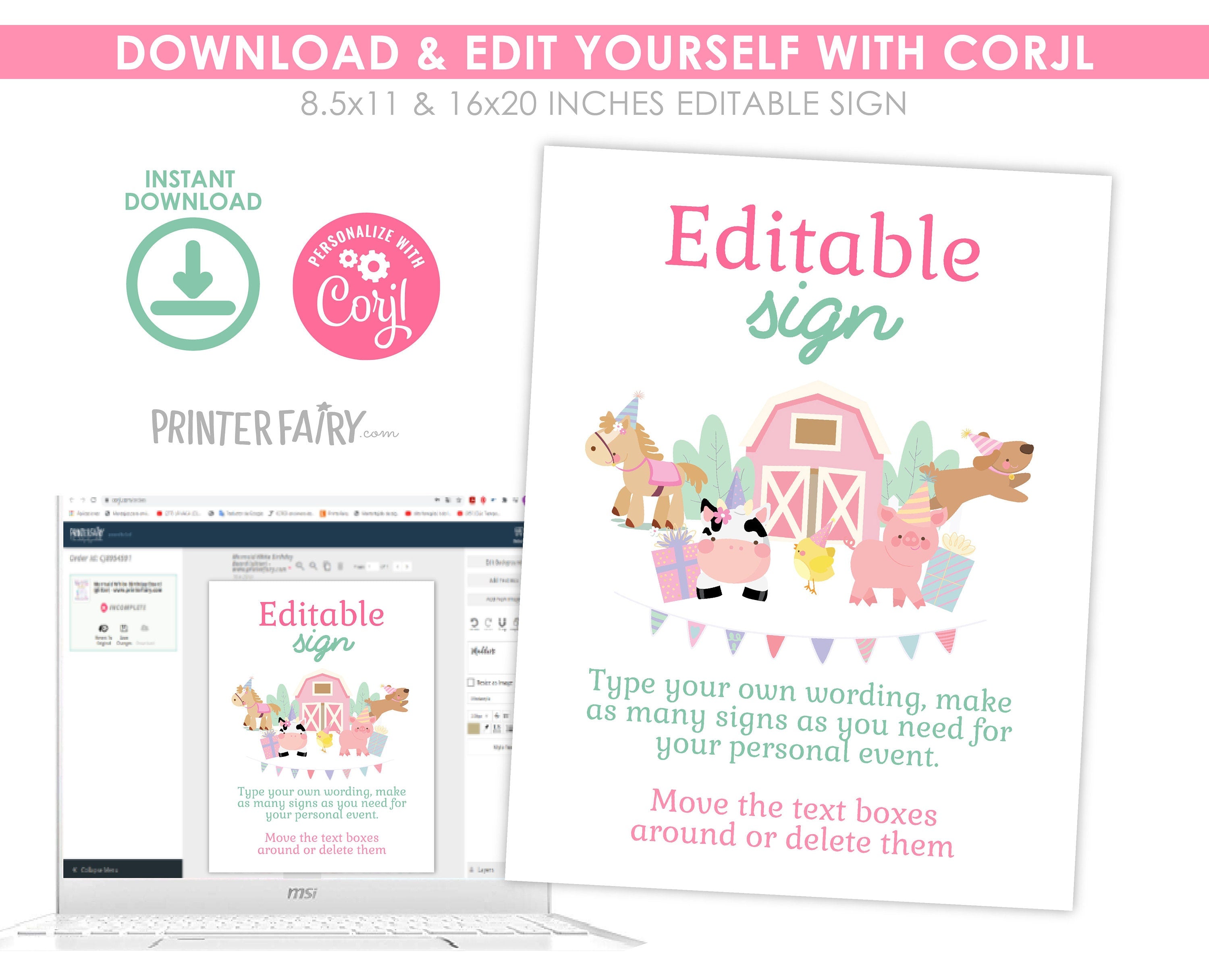 Farm Birthday Sign, Cute Animals, Pink Barnyard Party (Editable Digital Download)