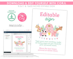 Farm Birthday Sign, Cute Animals, Pink Barnyard Party (Editable Digital Download)