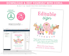Farm Birthday Sign, Cute Animals, Pink Barnyard Party (Editable Digital Download)