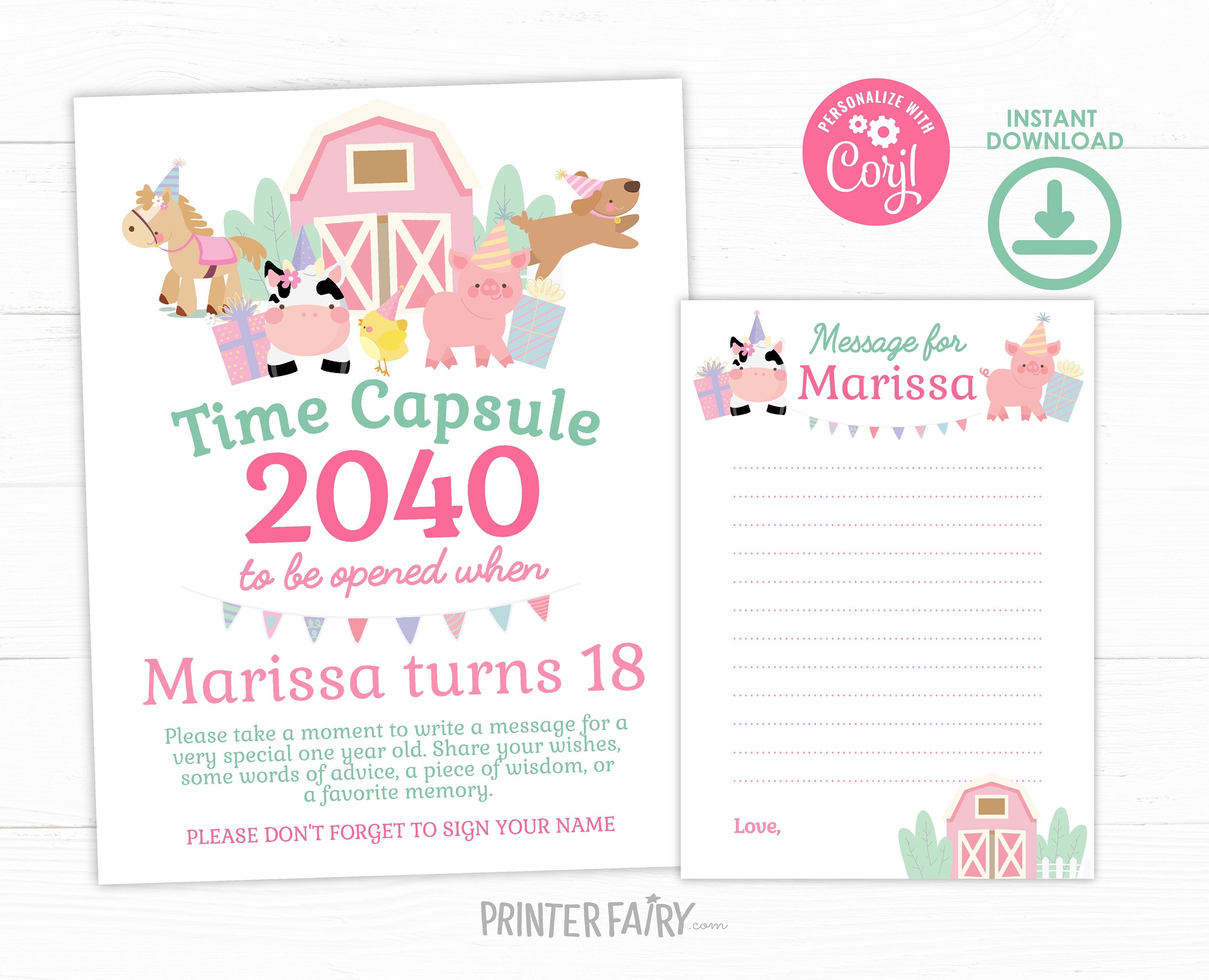 Farm Birthday Time Capsule Sign, Pink Barnyard Animals (Instant Download)