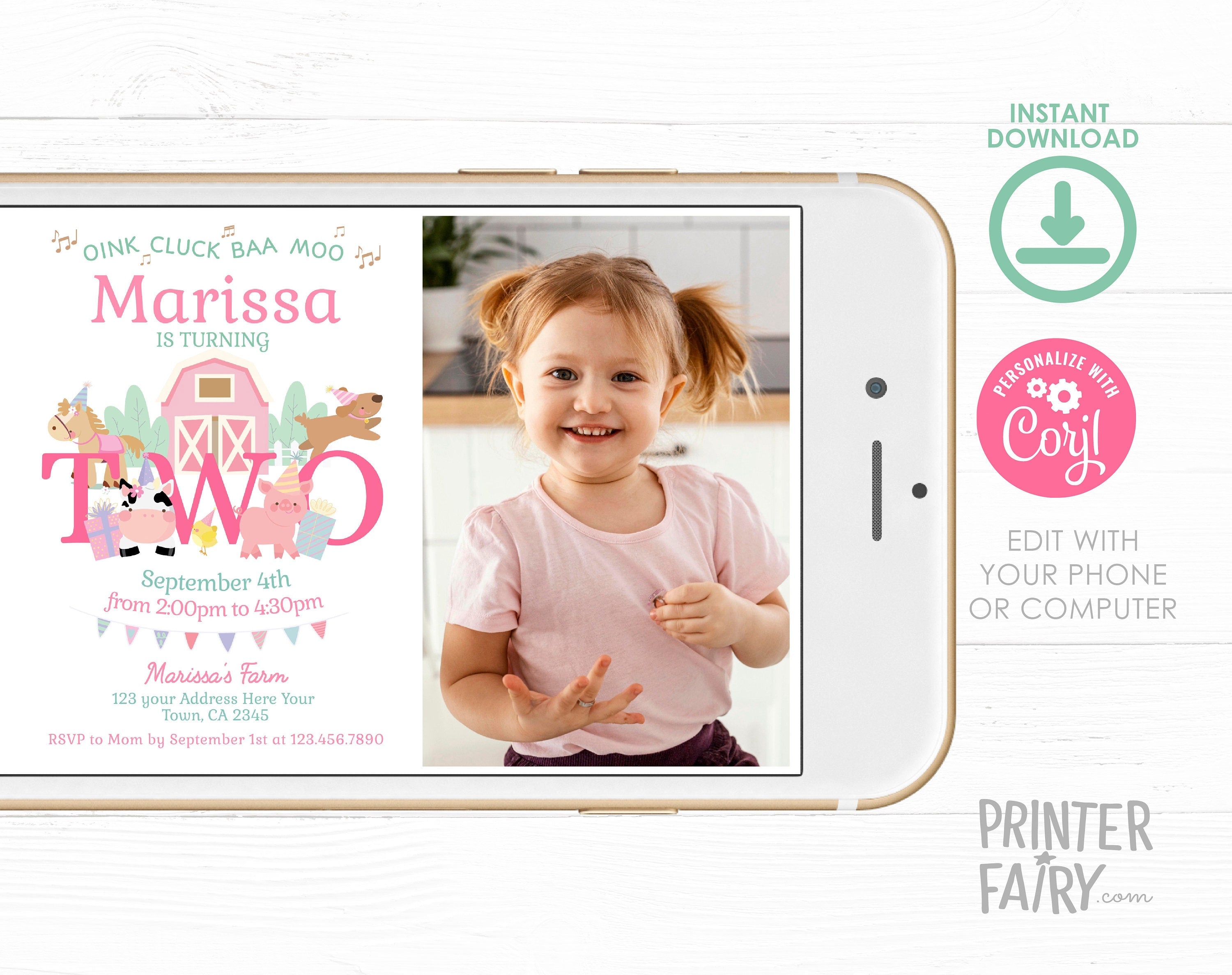 Farm 2nd Birthday Invitation with Photo, Pink Barnyard (Digital Download)