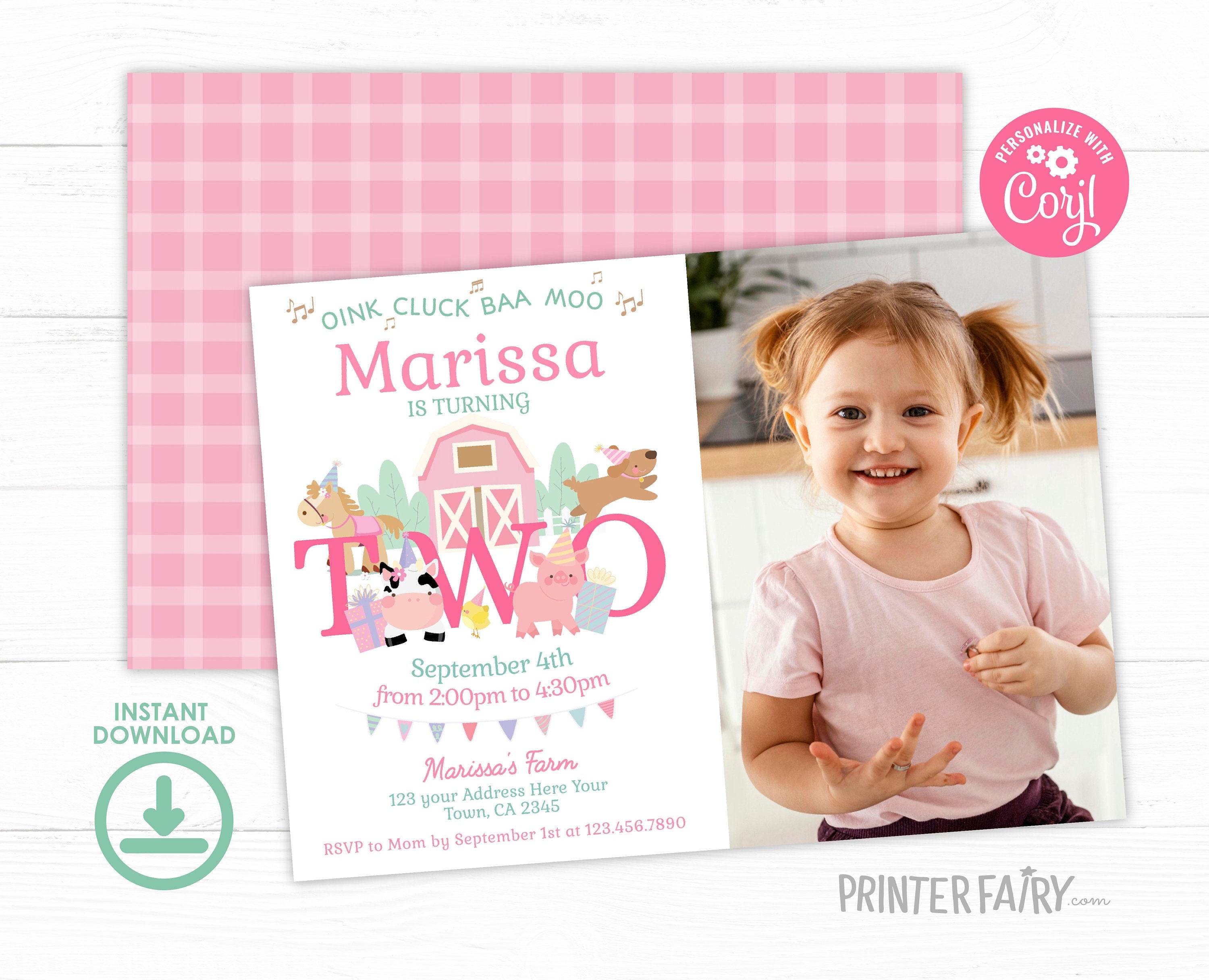 Farm 2nd Birthday Invitation with Photo, Pink Barnyard (Digital Download)