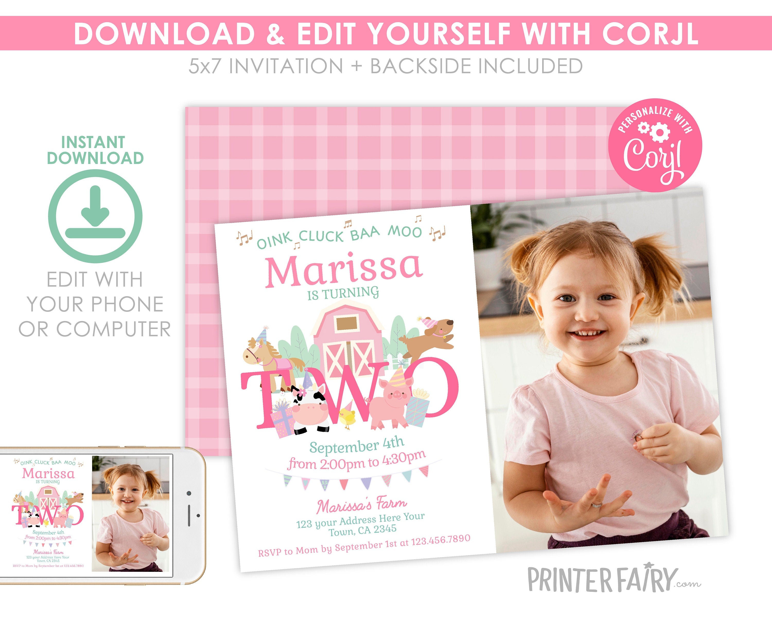 Farm 2nd Birthday Invitation with Photo, Pink Barnyard (Digital Download)