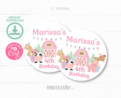 Farm Birthday Party Cupcake Toppers, Girl Barnyard Animals (Digital Download)