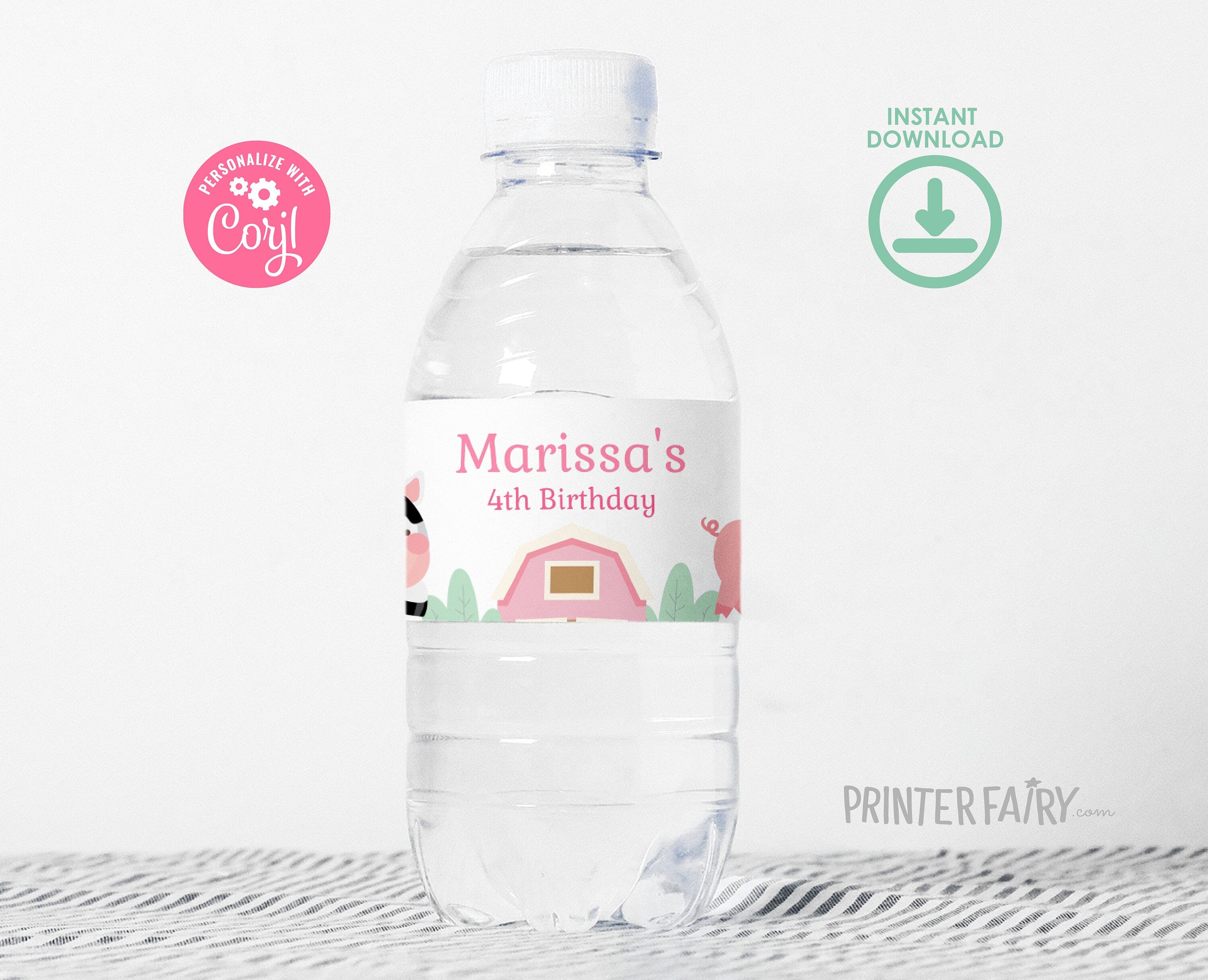 Farm Birthday Water Bottle Label, Girl Barnyard Animals (Digital Download)