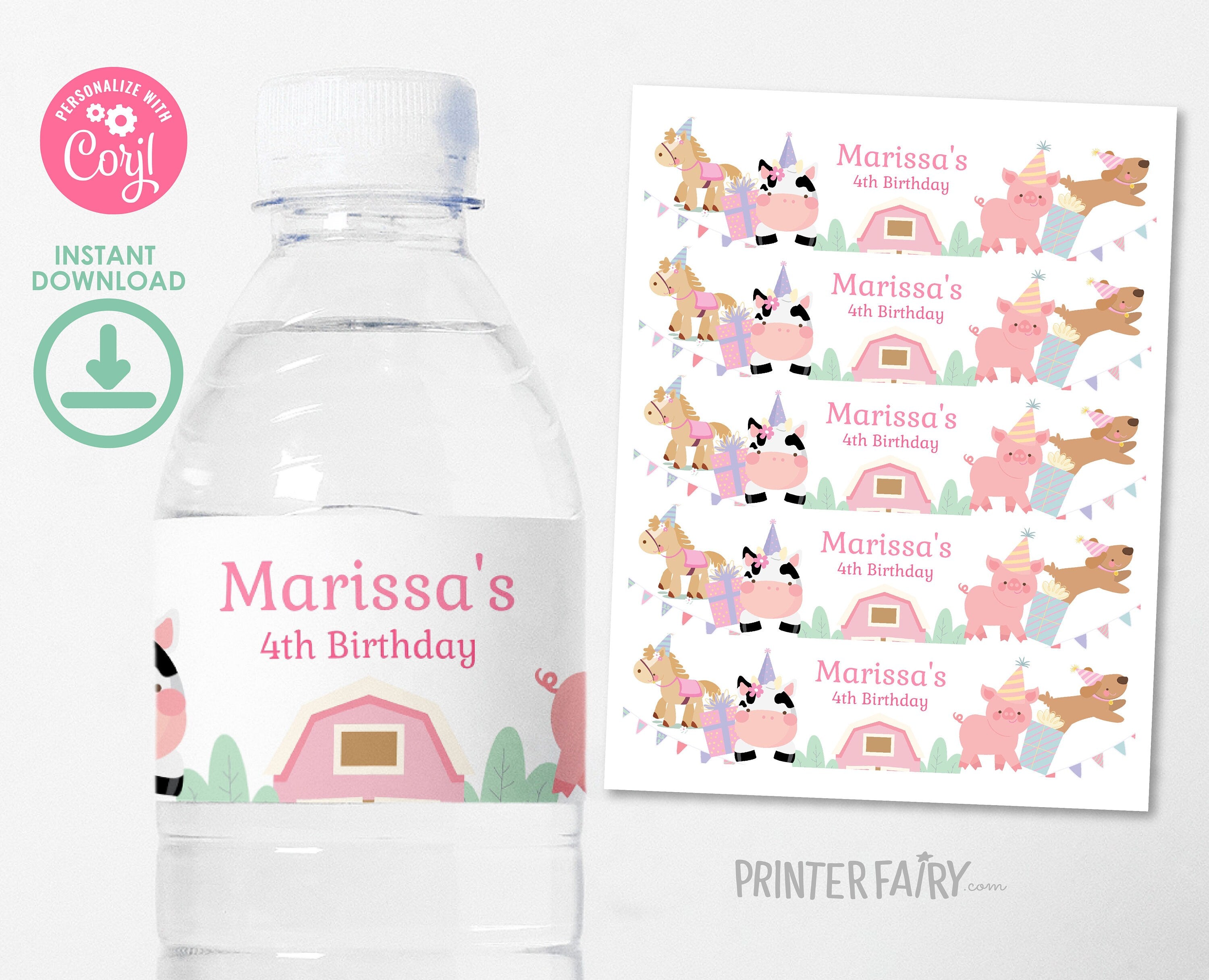 Farm Birthday Water Bottle Label, Girl Barnyard Animals (Digital Download)