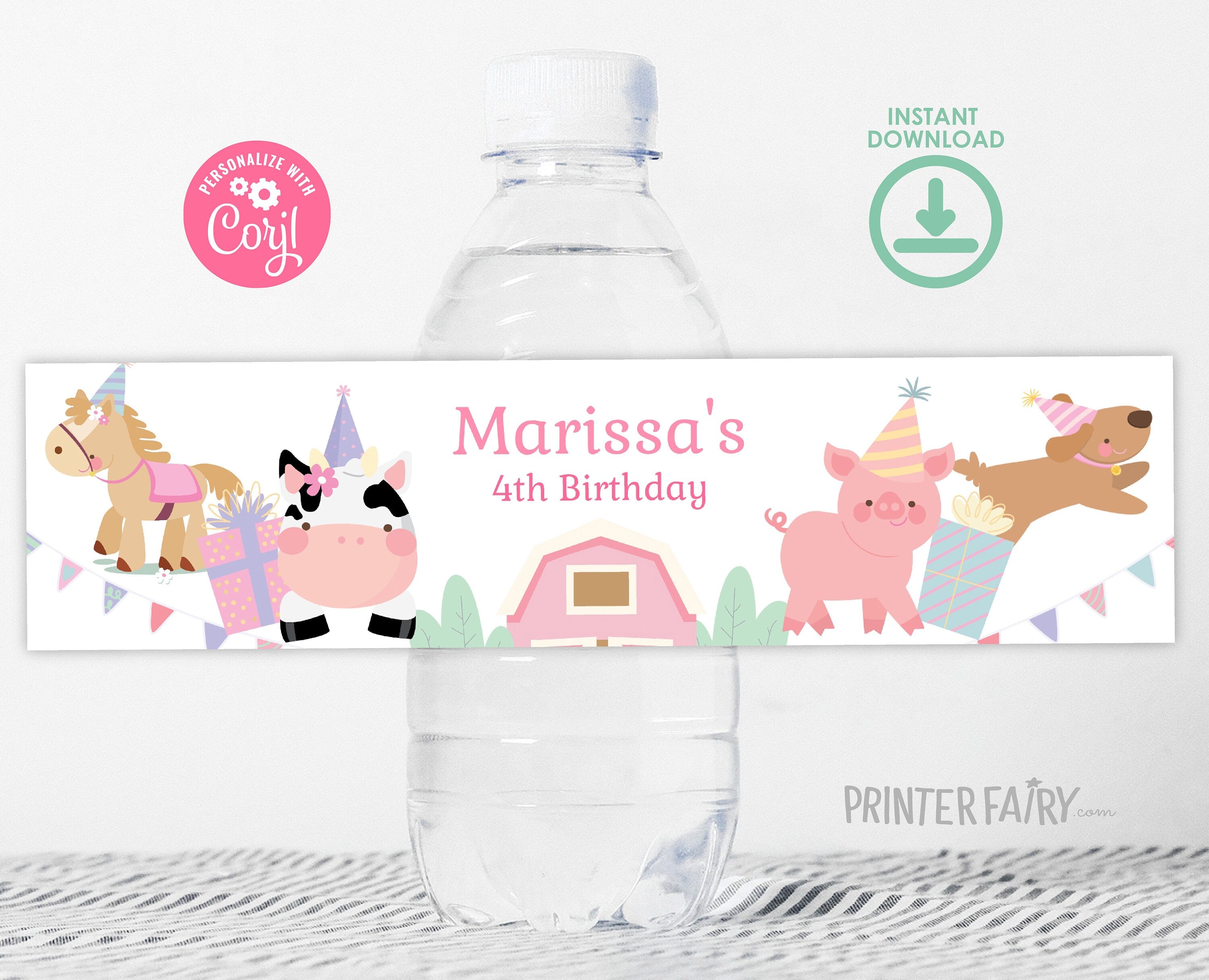Farm Birthday Water Bottle Label, Girl Barnyard Animals (Digital Download)