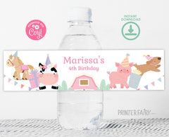 Farm Birthday Water Bottle Label, Girl Barnyard Animals (Digital Download)