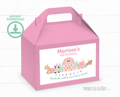 Farm Birthday Party Favor Box Label, Pink Barnyard Animals (Editable Template Download)