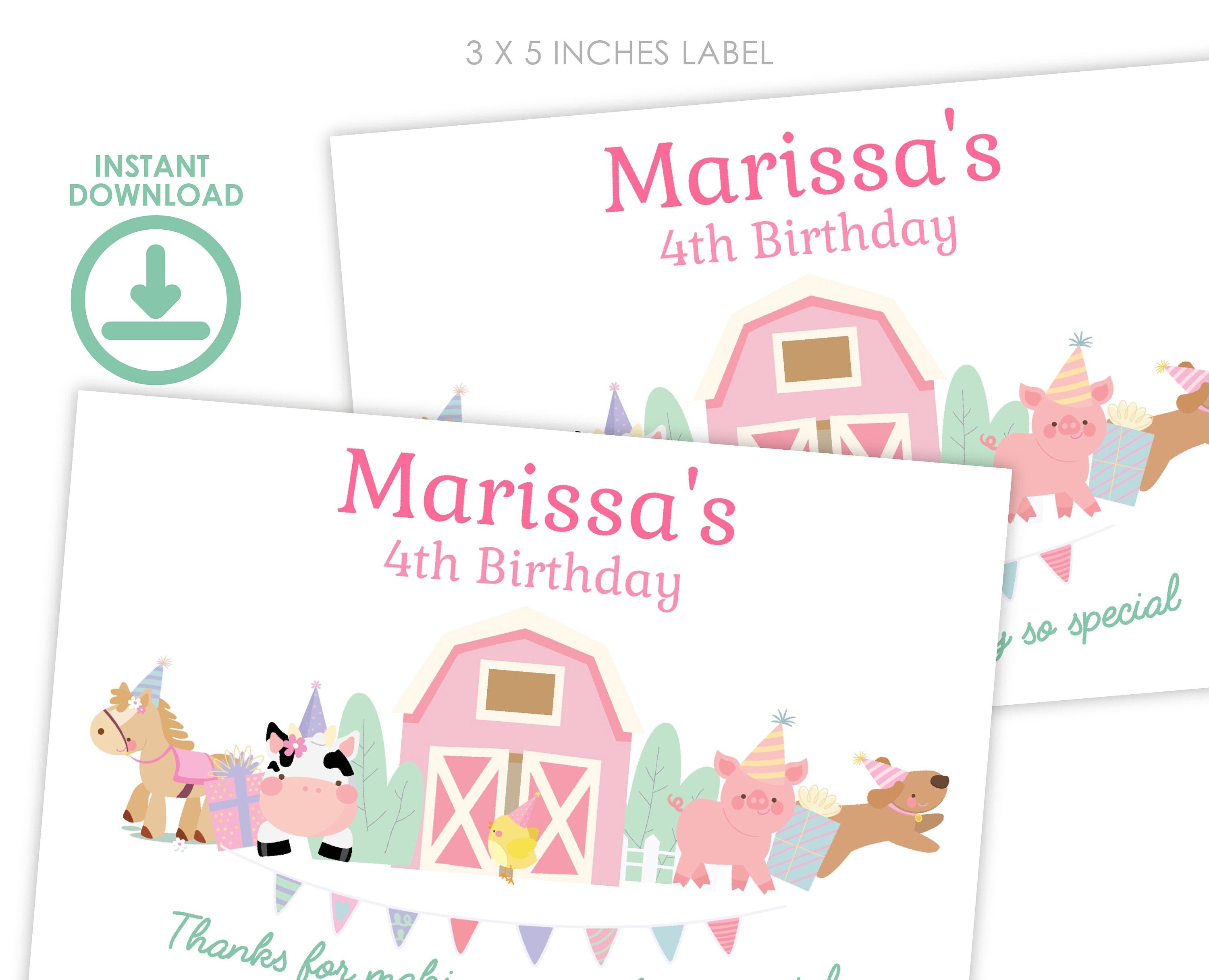 Farm Birthday Party Favor Box Label, Pink Barnyard Animals (Editable Template Download)