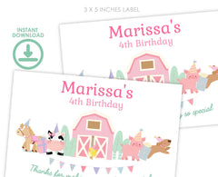 Farm Birthday Party Favor Box Label, Pink Barnyard Animals (Editable Template Download)