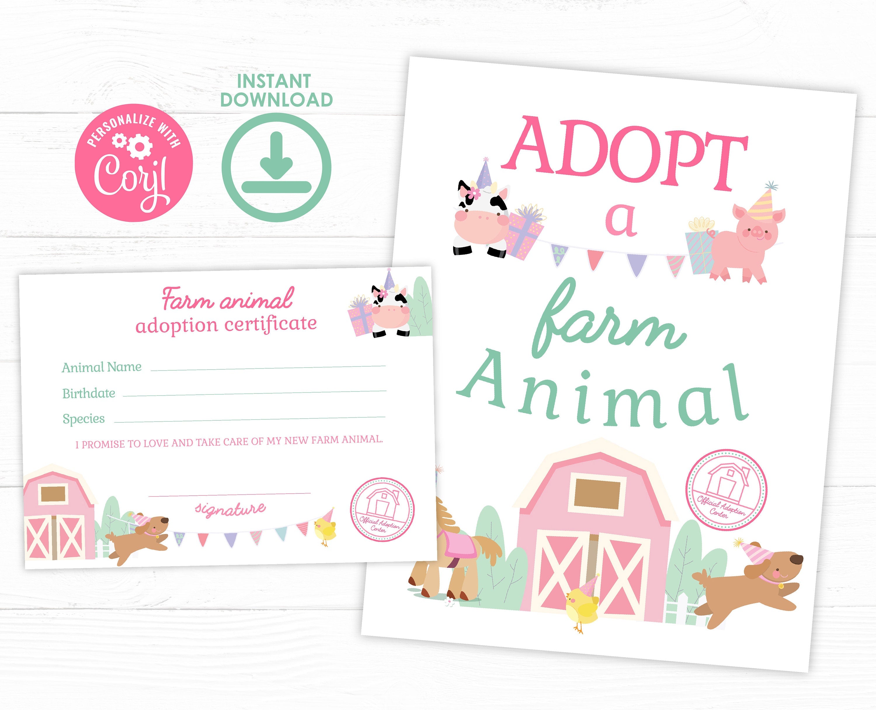 Farm Animals Adoption Pack, Editable Birthday Party Decor (Digital Item)
