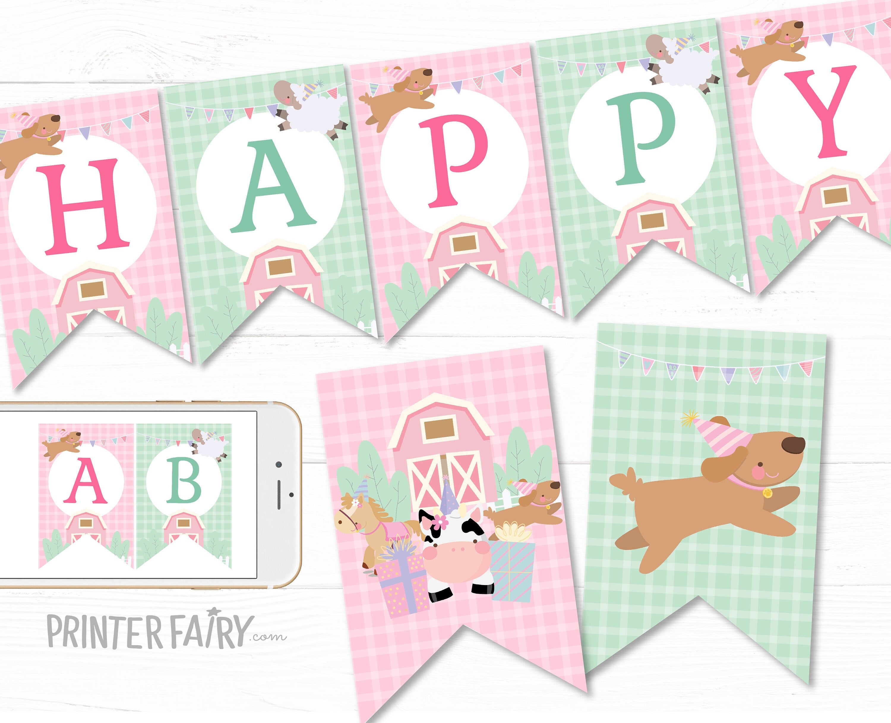 Farm Birthday Banner, Pink Barnyard Animals, Editable Flags (Digital Download)