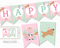 Farm Birthday Banner, Pink Barnyard Animals, Editable Flags (Digital Download)