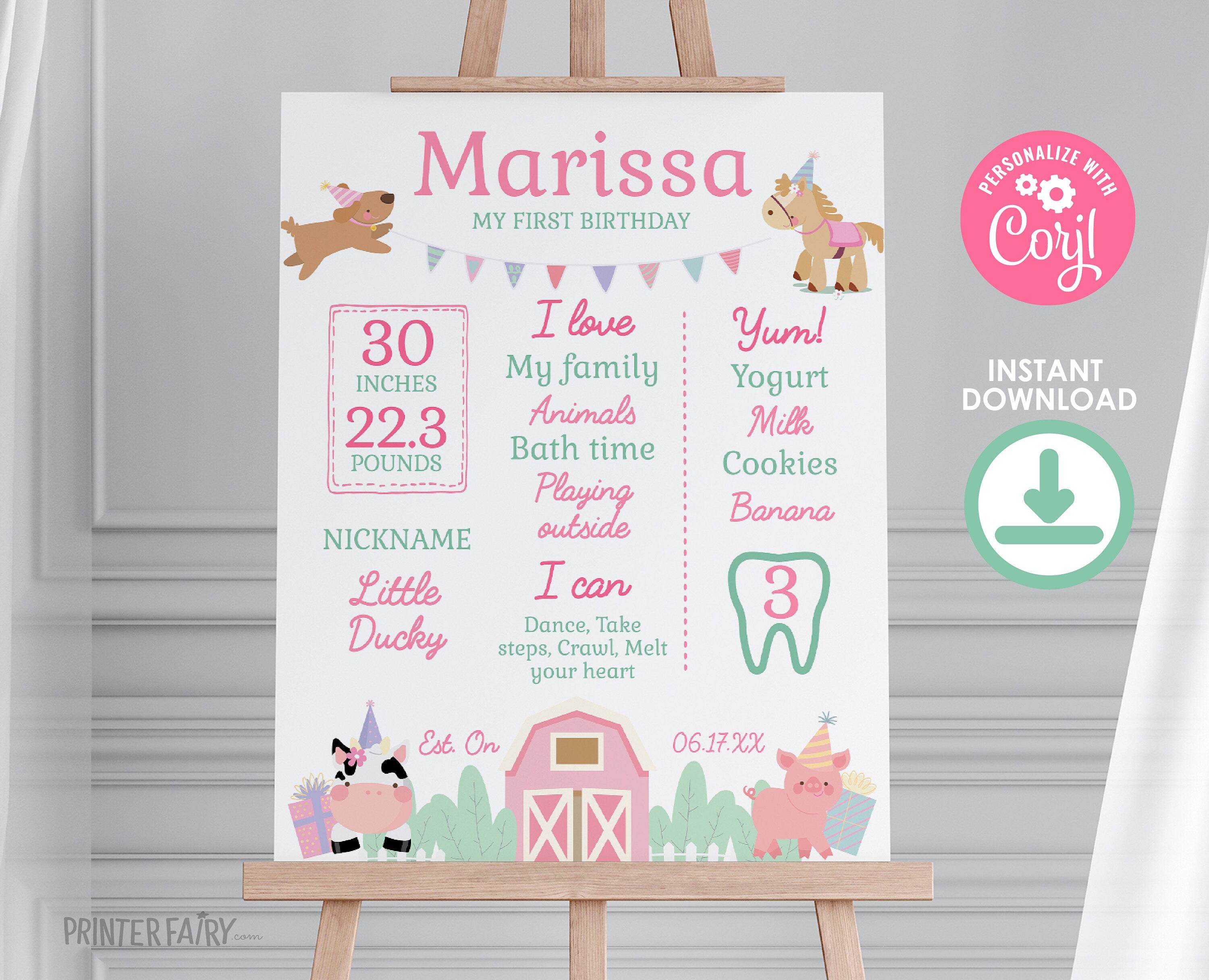 Farm First Birthday Stats Sign, Pink Barnyard Party (Download)