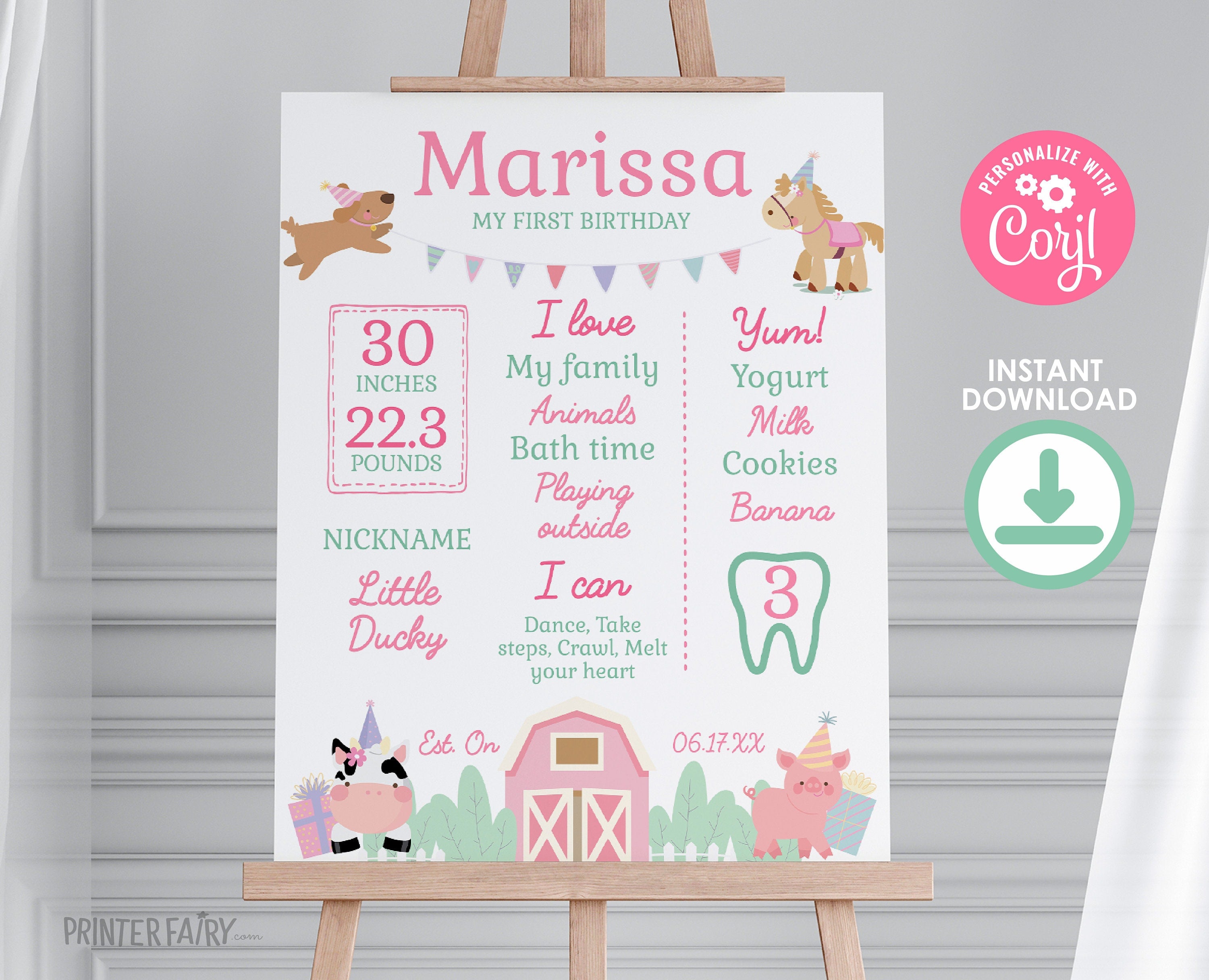 Farm First Birthday Stats Sign, Pink Barnyard Party (Download)