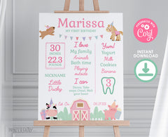 Farm First Birthday Stats Sign, Pink Barnyard Party (Download)