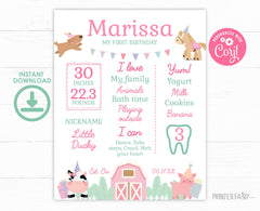 Farm First Birthday Stats Sign, Pink Barnyard Party (Download)