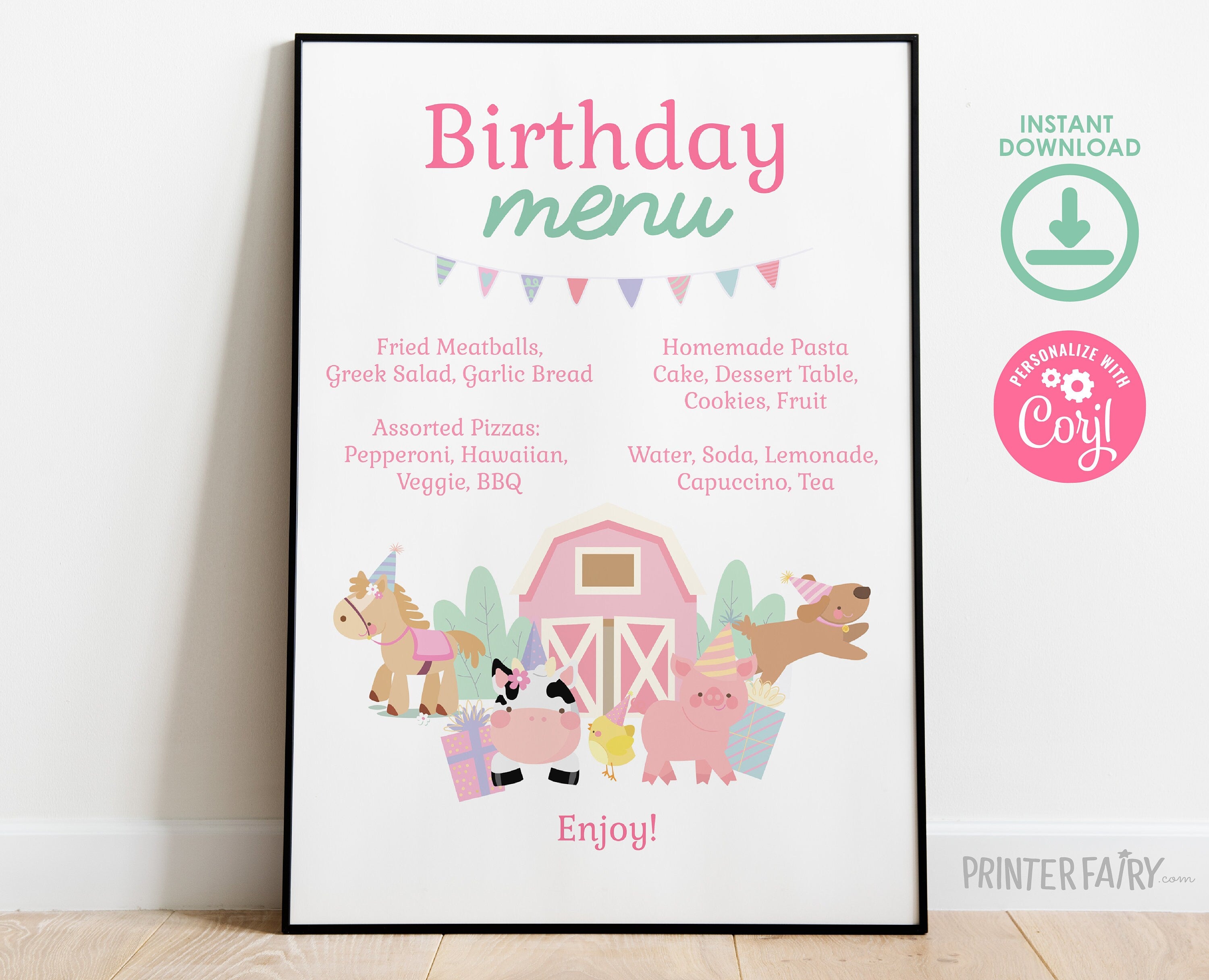 Farm Birthday Menu, Editable Barnyard Party Sign (Digital Download)