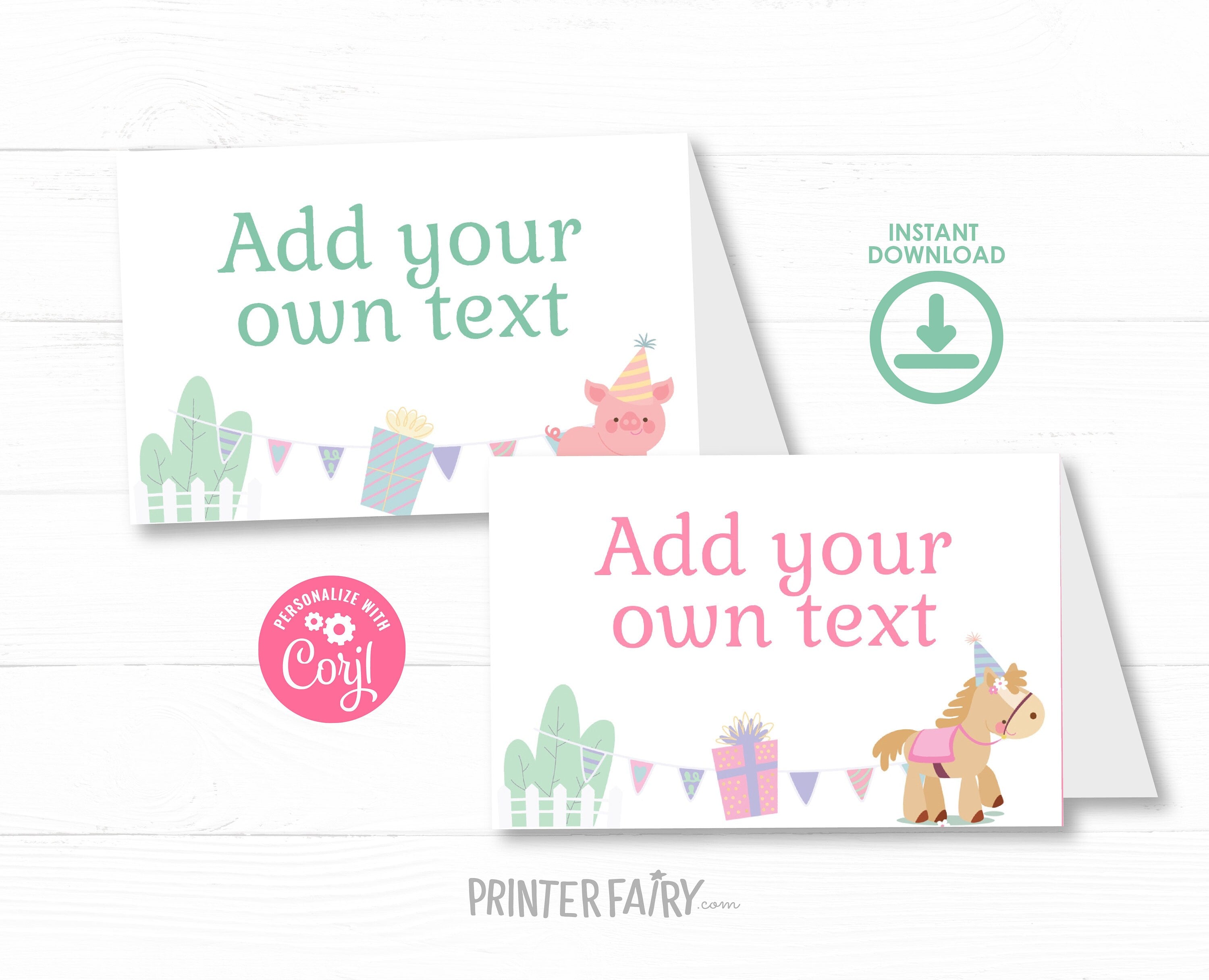 Farm Birthday Party Food Tents, Pink Barnyard Animals (Editable Digital Item)