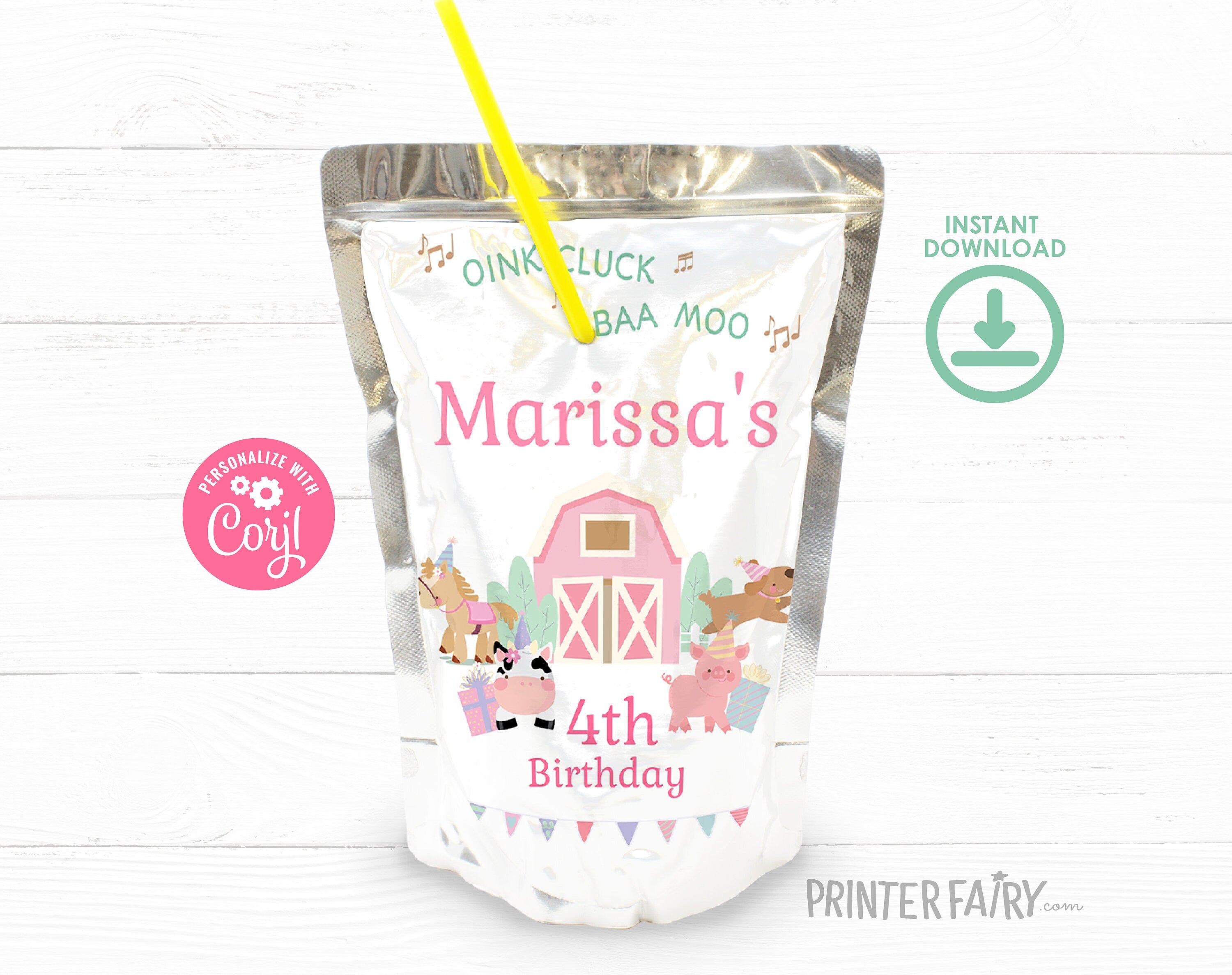Farm Birthday Drink Pouch Label, Pink Barnyard Animals (Editable Template Download)