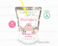 Farm Birthday Drink Pouch Label, Pink Barnyard Animals (Editable Template Download)