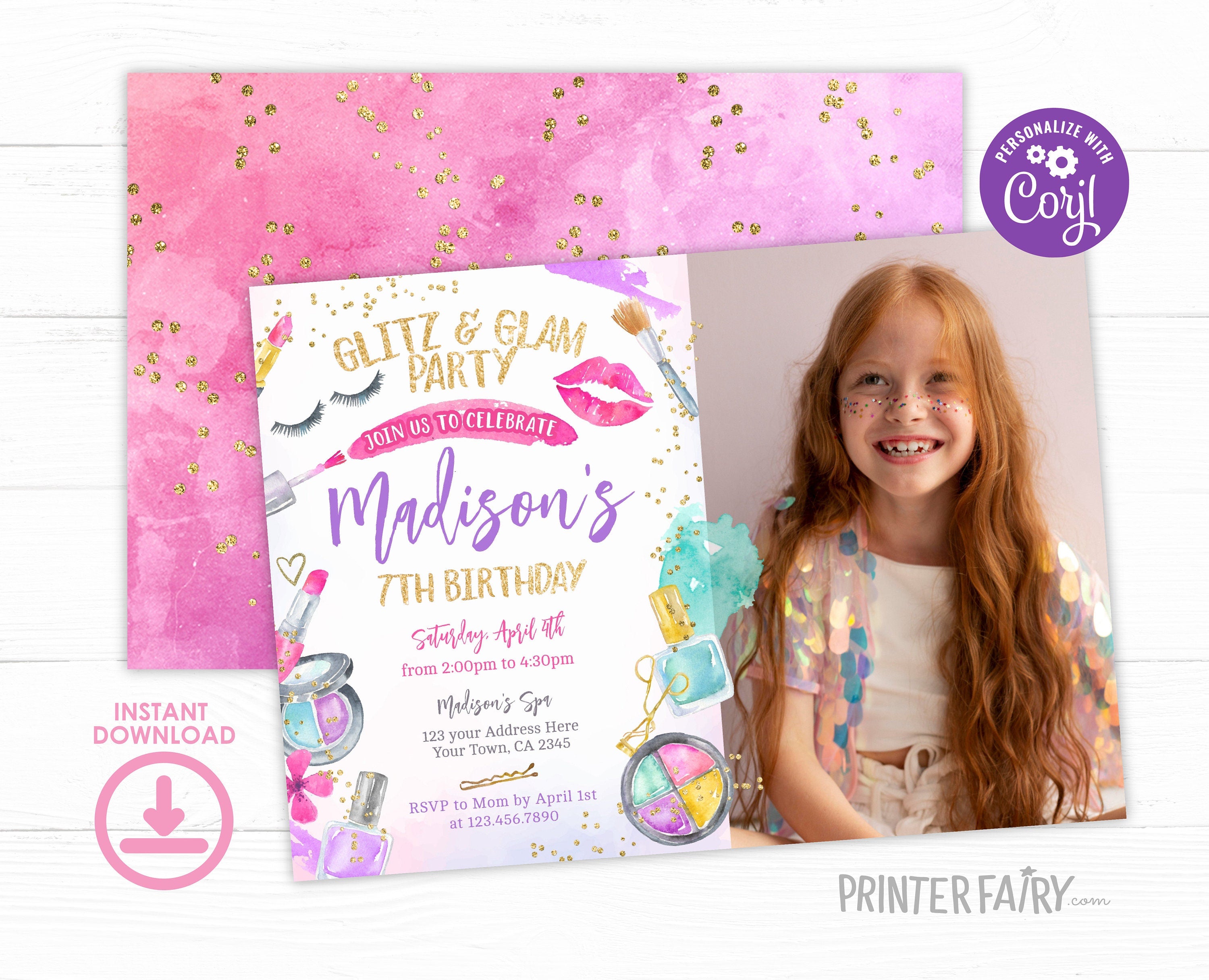Glitz & Glam Spa Birthday Invitation with Photo (Editable)