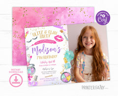 Glitz & Glam Spa Birthday Invitation with Photo (Editable)