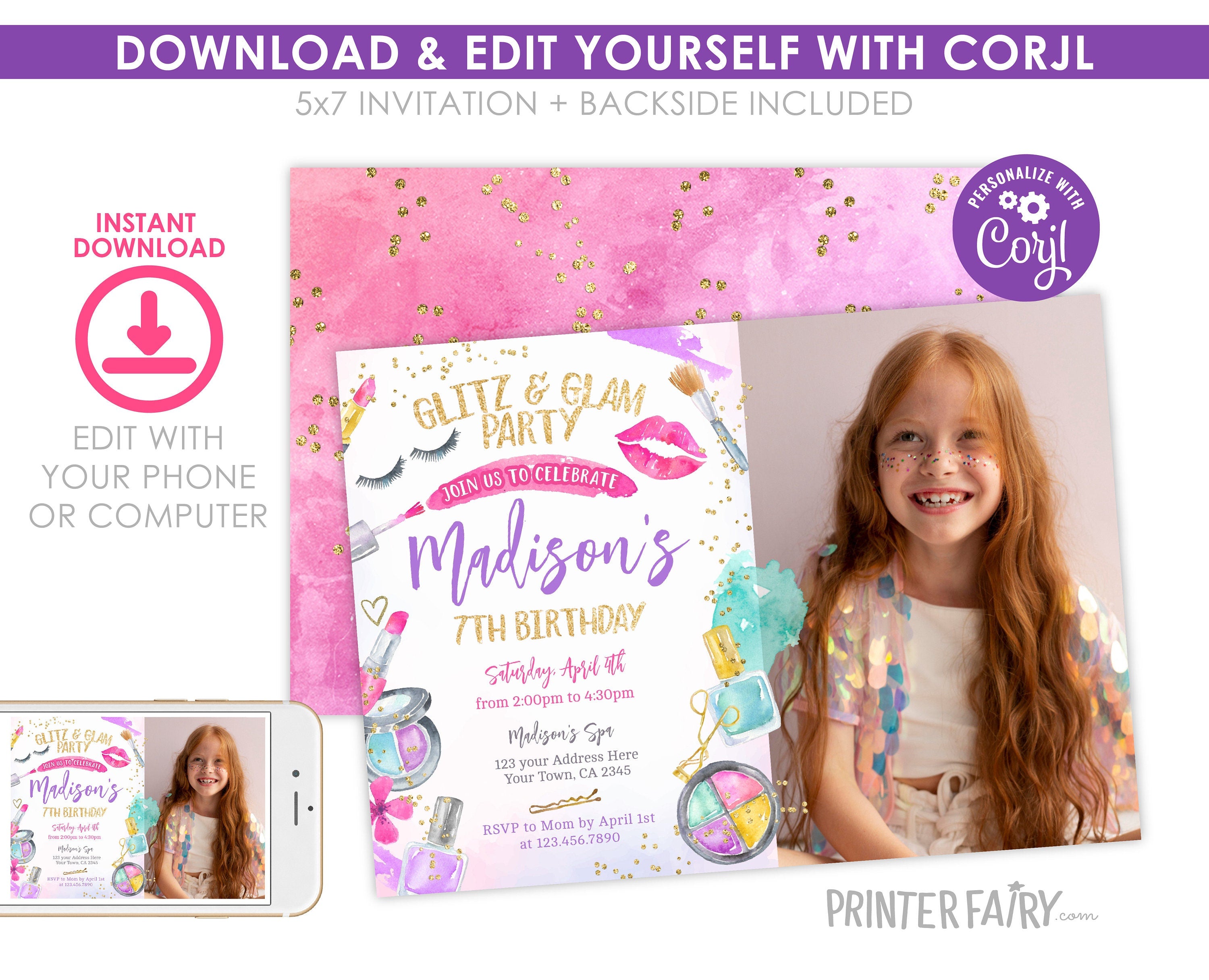 Glitz & Glam Spa Birthday Invitation with Photo (Editable)