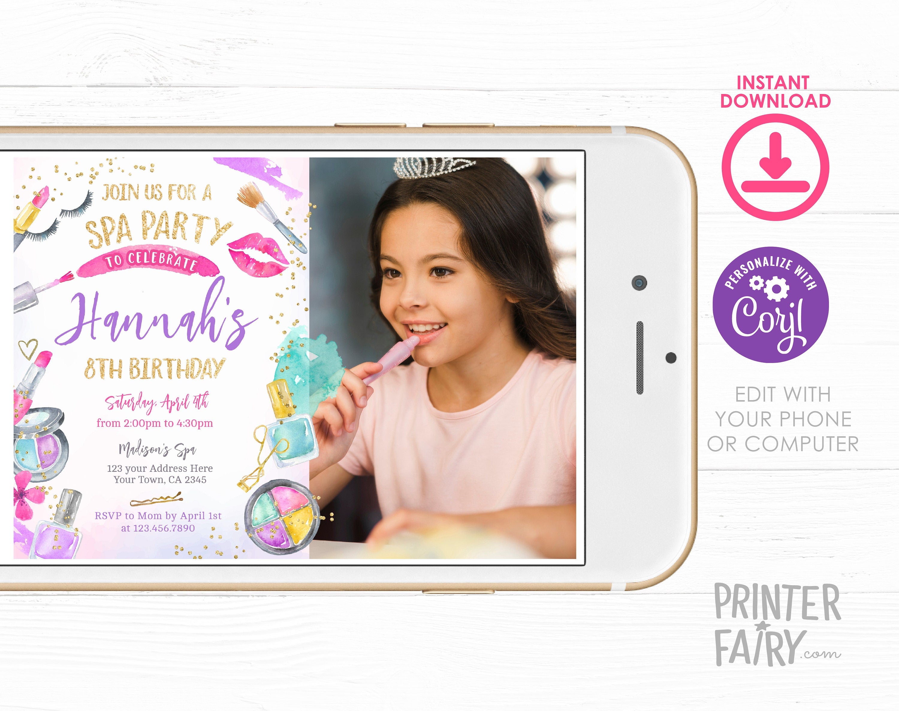 Spa Birthday Party Invitation, Photo, Glam Makeup (Editable Digital Item)