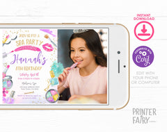 Spa Birthday Party Invitation, Photo, Glam Makeup (Editable Digital Item)