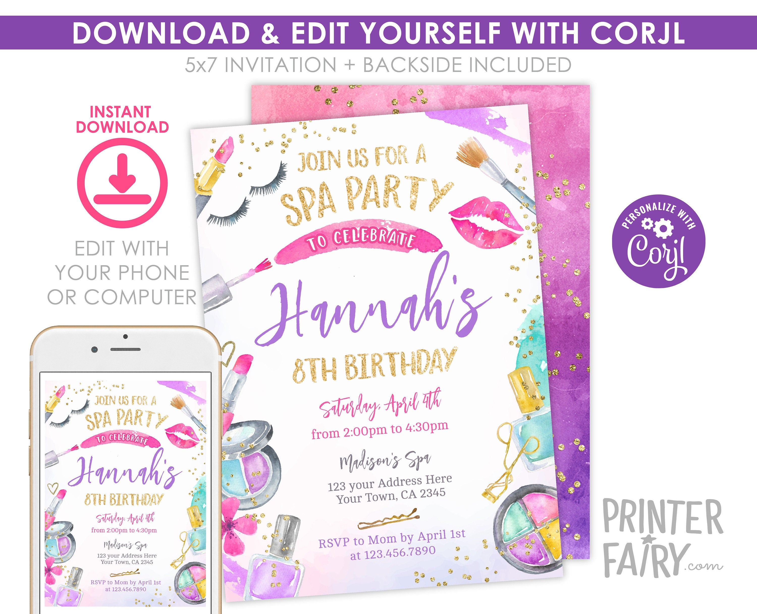 Glam Spa Birthday Party Invitation, Editable Glitz Invite (Digital Item)