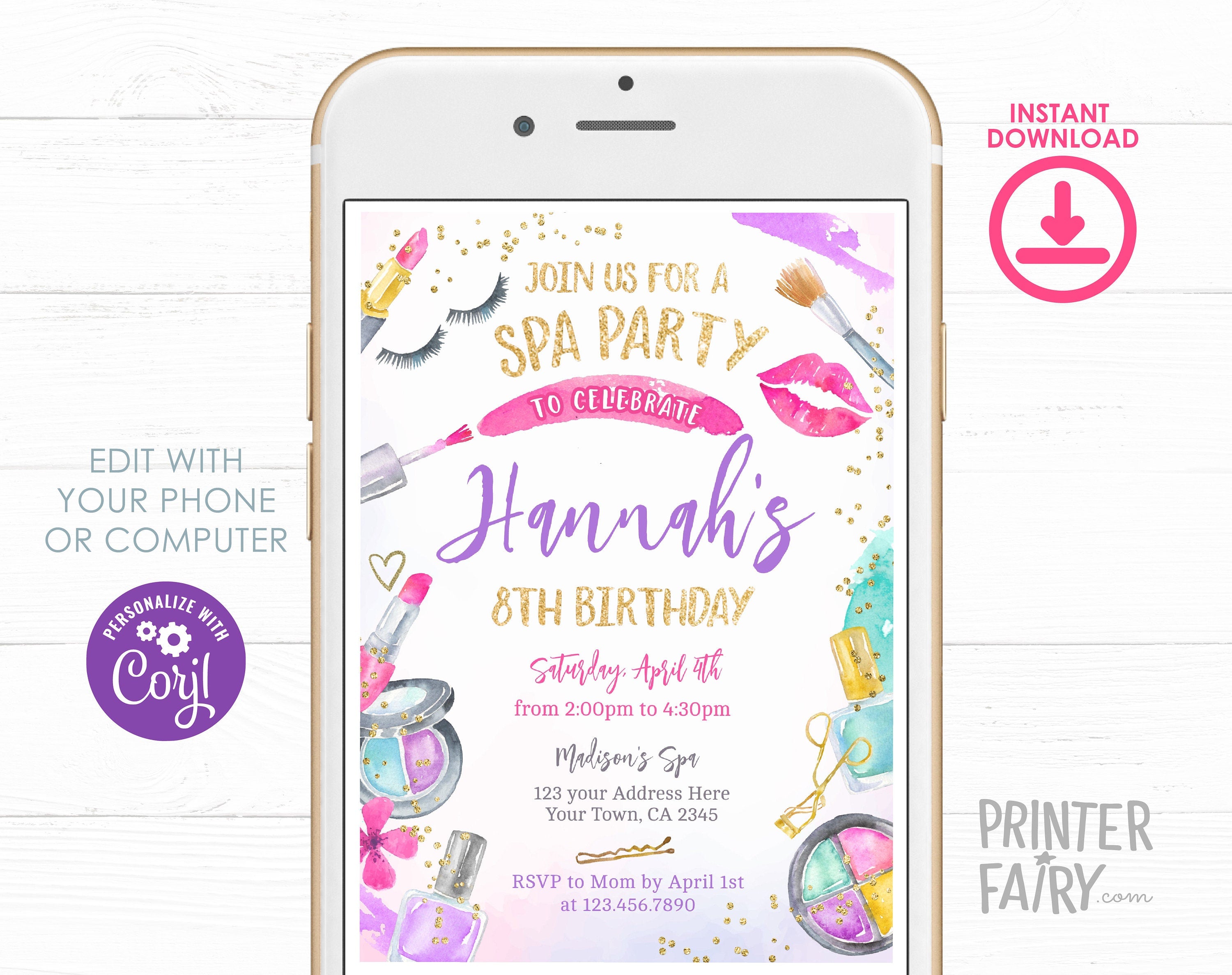 Glam Spa Birthday Party Invitation, Editable Glitz Invite (Digital Item)