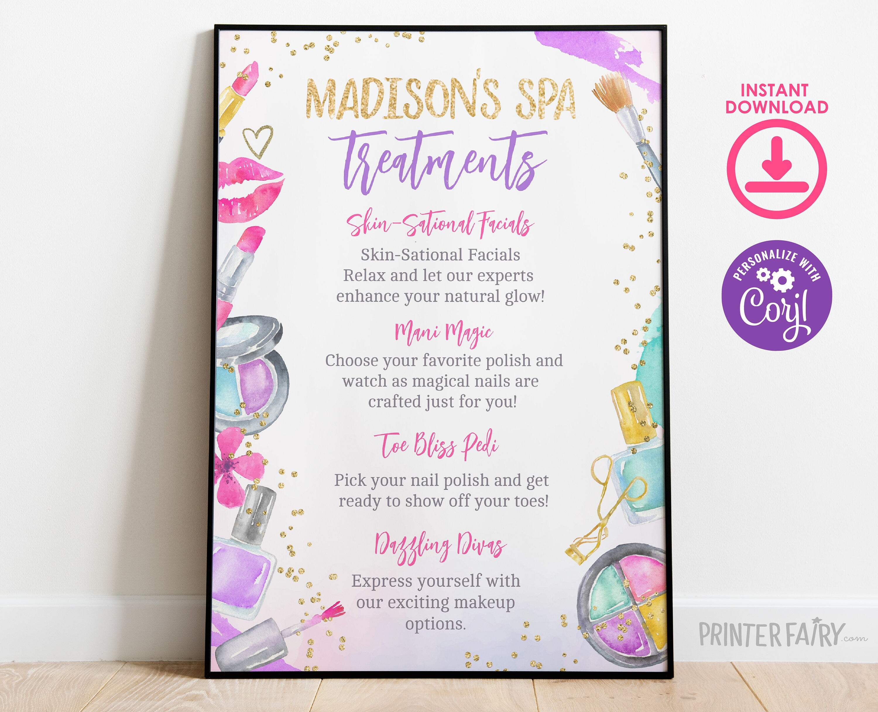 Editable Spa Party Treatments Sign, Glitz Glam Birthday Activities (Digital Download)