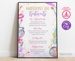 Editable Spa Party Treatments Sign, Glitz Glam Birthday Activities (Digital Download)