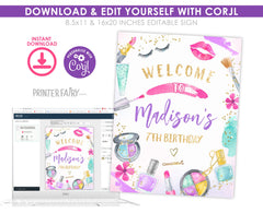 Spa Party Welcome Sign Editable Template, Glitz & Glam Makeup Slumber Party Decorations, Instant Download