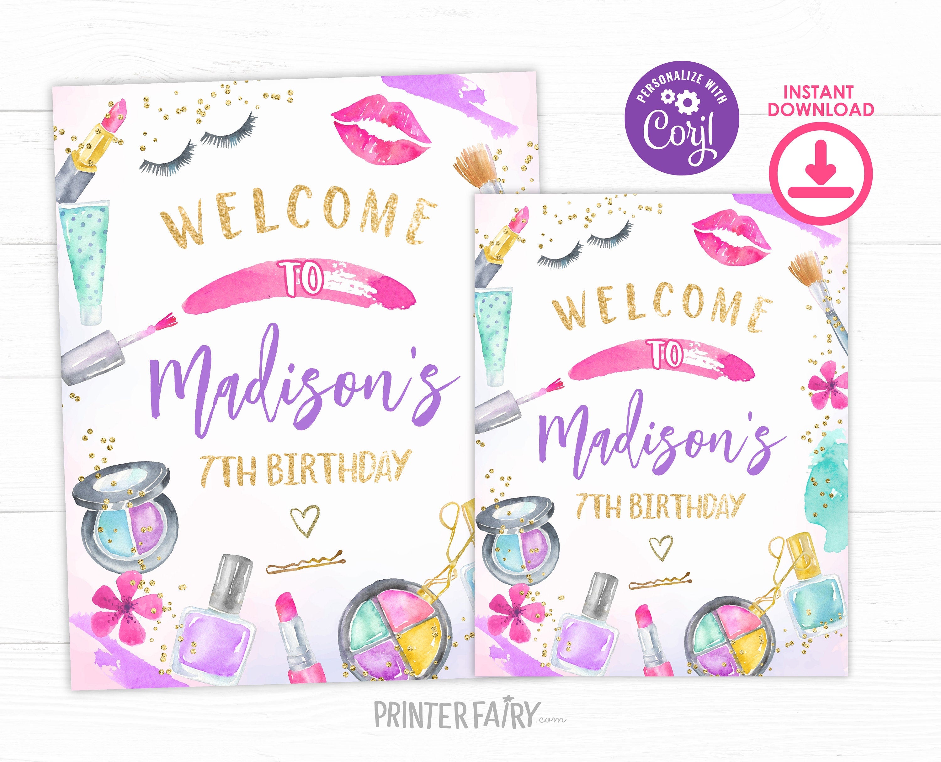 Spa Party Welcome Sign Editable Template, Glitz & Glam Makeup Slumber Party Decorations, Instant Download