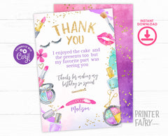Spa Party Thank You Card, Glam Makeup Birthday Note (Digital Download)