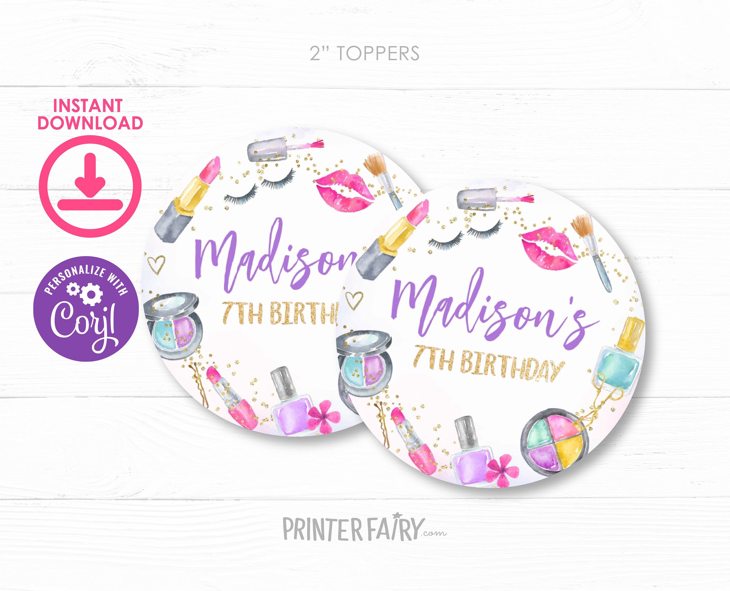 Editable Spa Party Cupcake Toppers, Glam Makeup Slumber Party Labels (Digital Download)