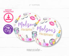 Editable Spa Party Cupcake Toppers, Glam Makeup Slumber Party Labels (Digital Download)