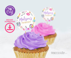 Editable Spa Party Cupcake Toppers, Glam Makeup Slumber Party Labels (Digital Download)