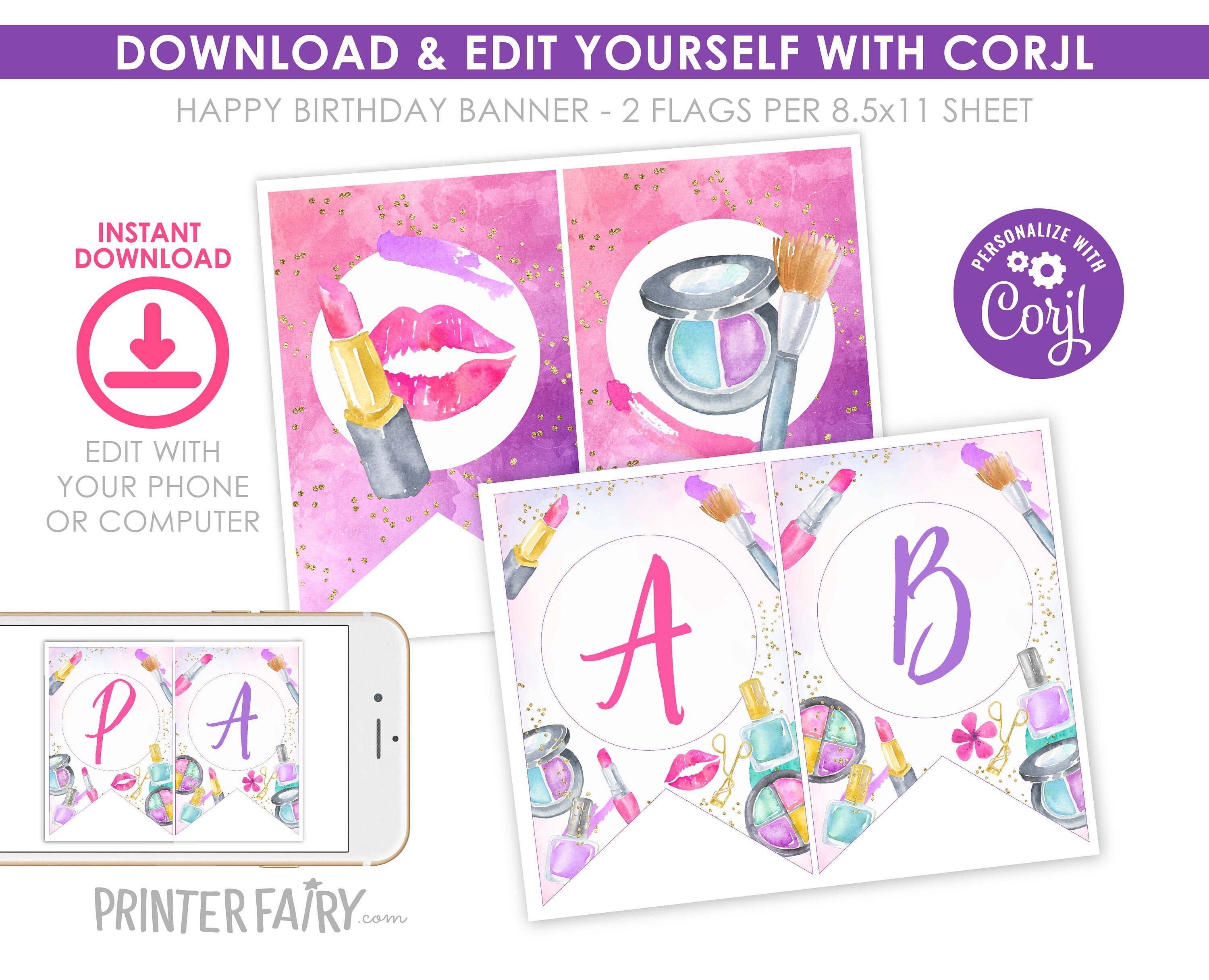 Spa Birthday Banner, Glam Makeup Party Decoration (Digital Download)