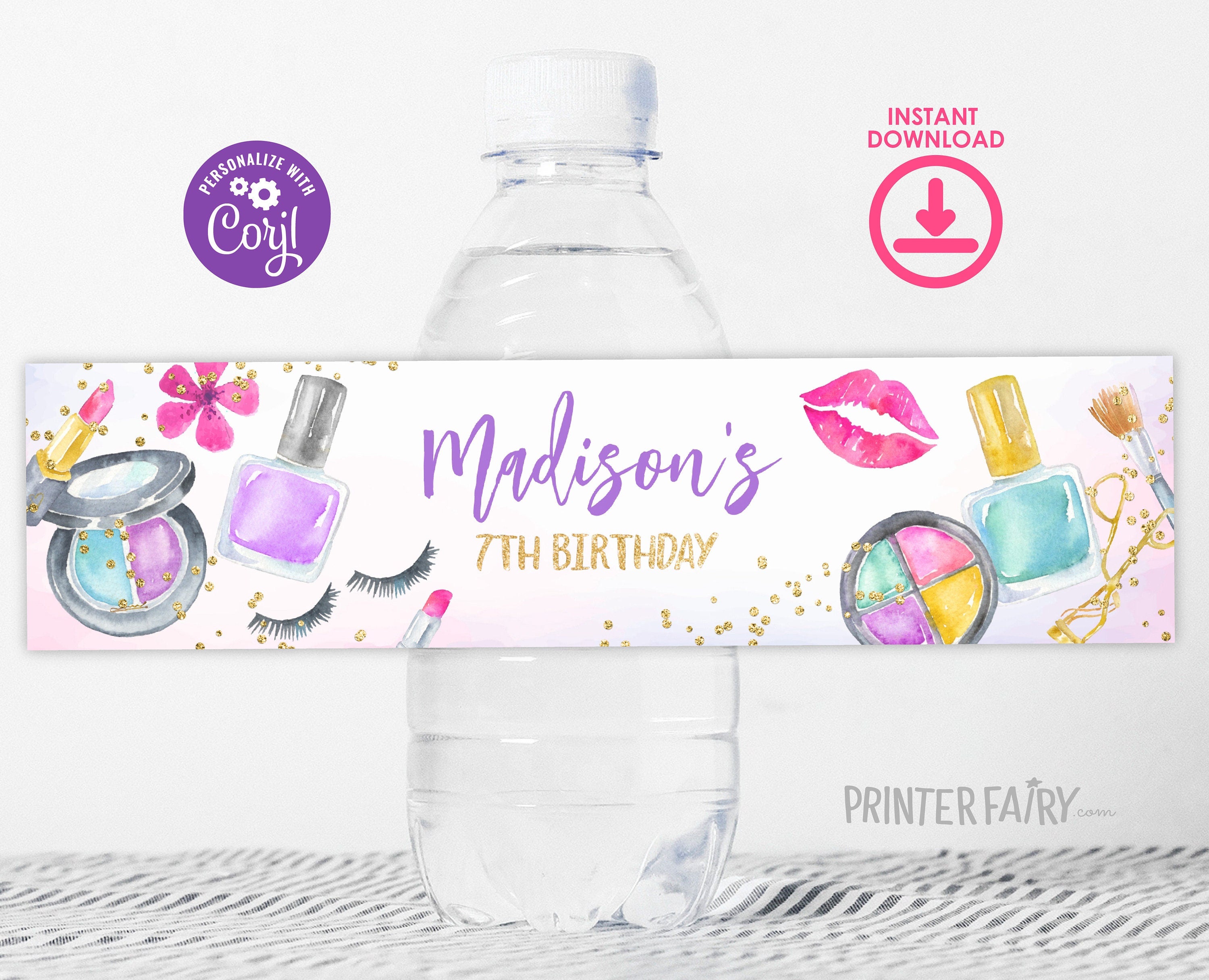 Spa Party Water Bottle Labels, Glam Makeup Birthday Decor (Digital Download)