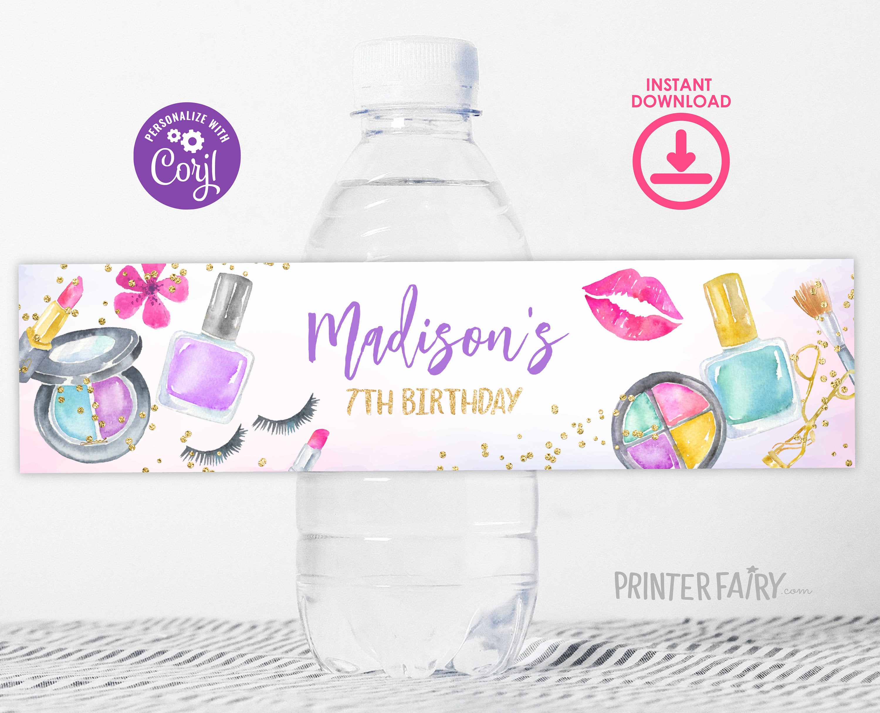 Spa Party Water Bottle Labels, Glam Makeup Birthday Decor (Digital Download)