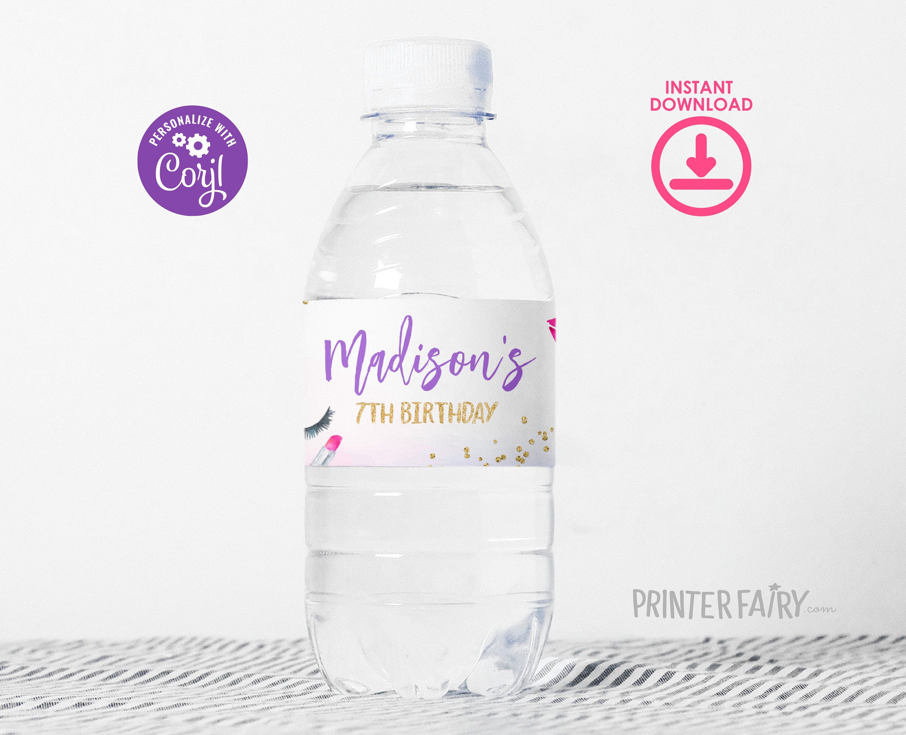 Spa Party Water Bottle Labels, Glam Makeup Birthday Decor (Digital Download)